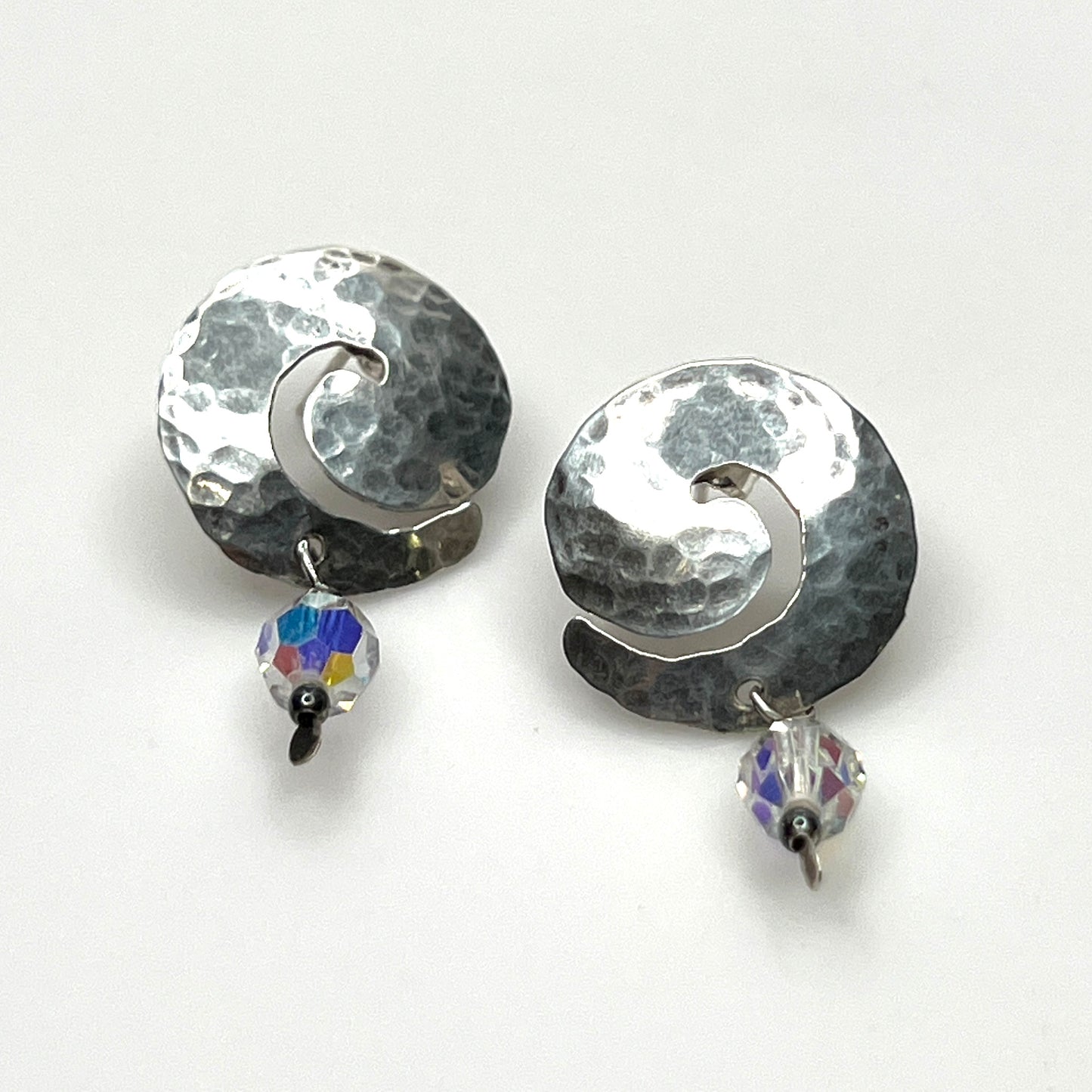 Vintage hammered sterling silver spiral earrings with aurora borealis crystal dangles