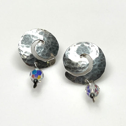 Vintage hammered sterling silver spiral earrings with aurora borealis crystal dangles