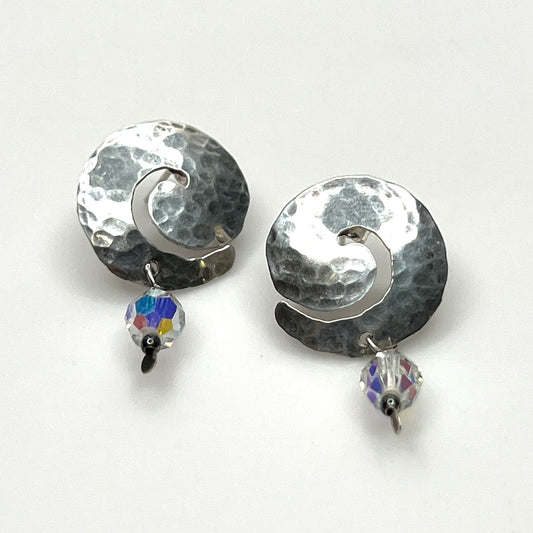 Vintage hammered sterling silver spiral earrings with aurora borealis crystal dangles