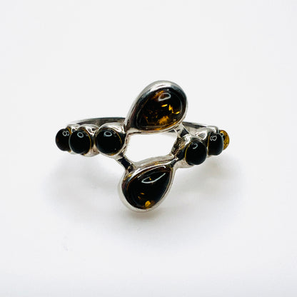 Vintage sterling silver Baltic amber bypass ring with teardrop and round cabochons