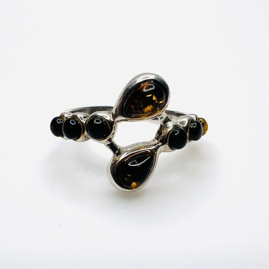Vintage sterling silver Baltic amber bypass ring with teardrop and round cabochons