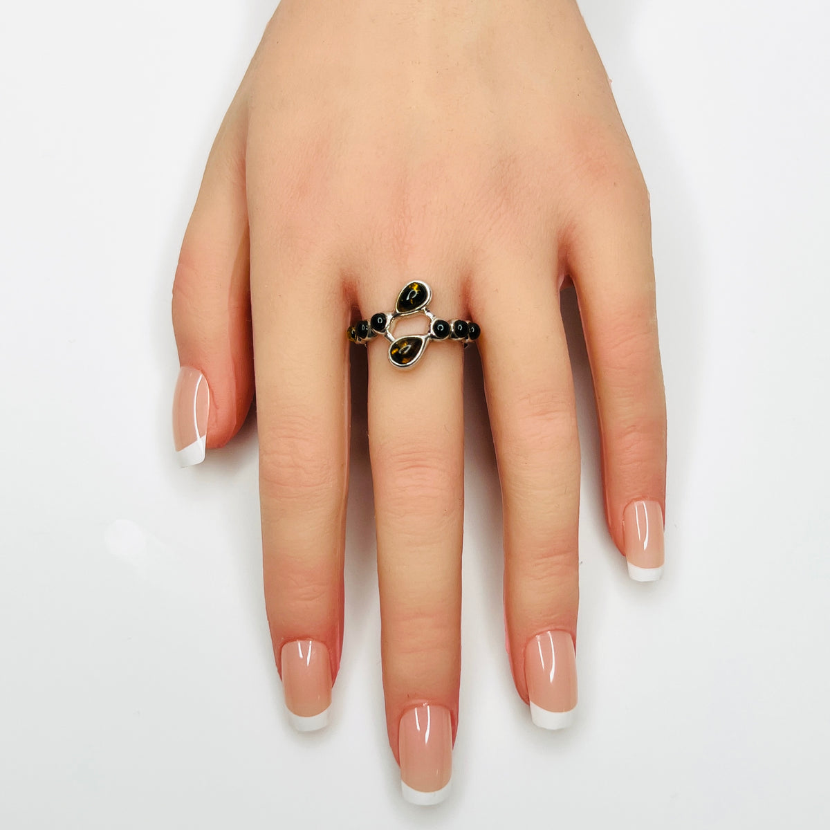 Sterling silver Baltic amber statement ring size 9 shown on hand
