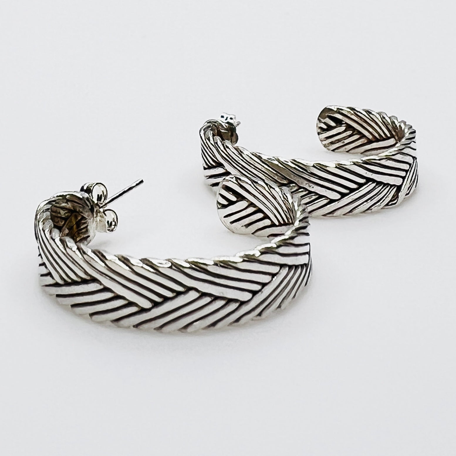 Vintage textured sterling silver hoop earrings with post backs