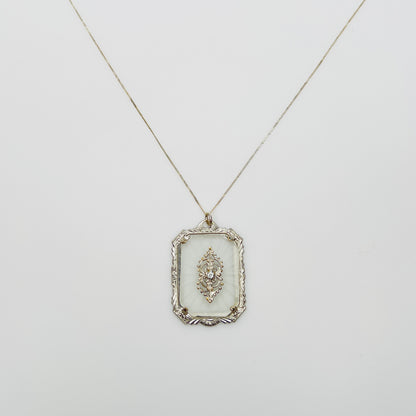 Sterling silver camphor glass pendant necklace with rhinestone center