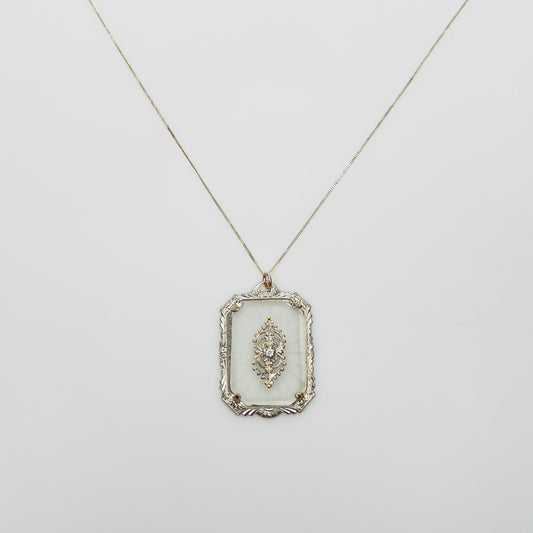 Sterling silver camphor glass pendant necklace with rhinestone center