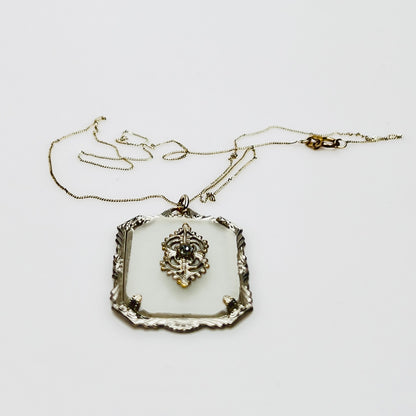 Sterling silver camphor glass pendant necklace with rhinestone center