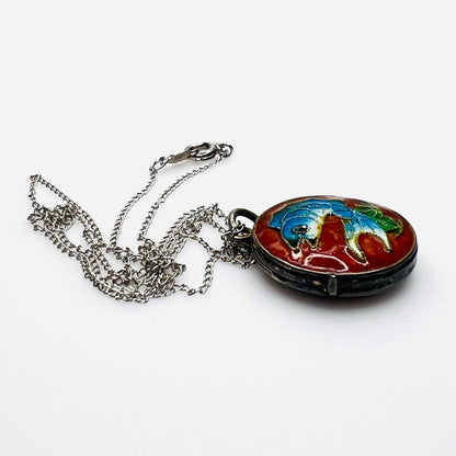 side view of vintage sterling silver cloisonné koi fish enamel locket