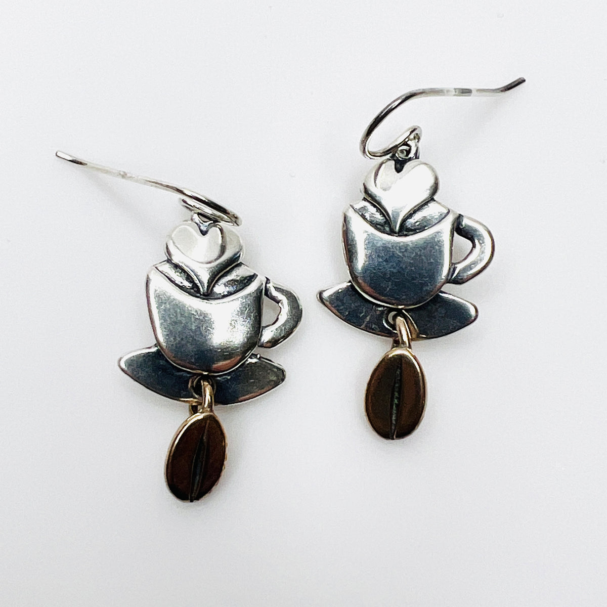 Vintage sterling silver coffee cup earrings with heart steam and coffee bean dangles