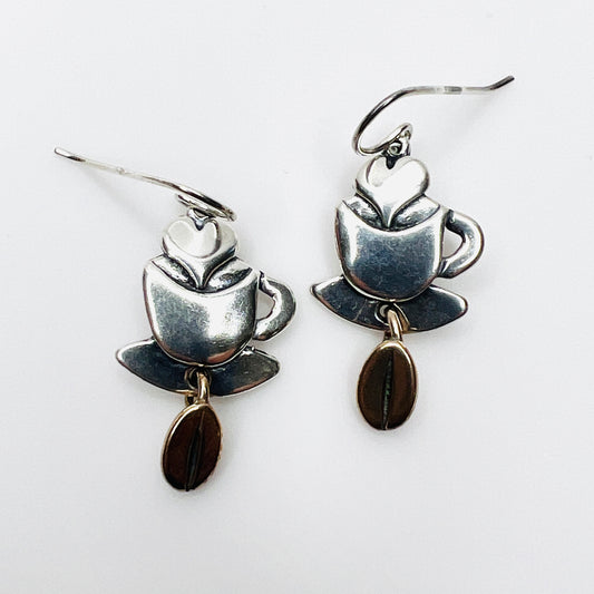 Vintage sterling silver coffee cup earrings with heart steam and coffee bean dangles