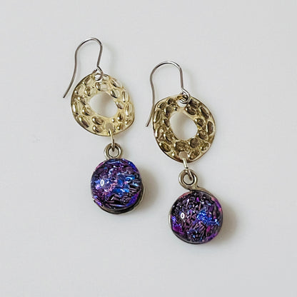 Vintage sterling silver dichroic glass earrings with purple blue shimmer