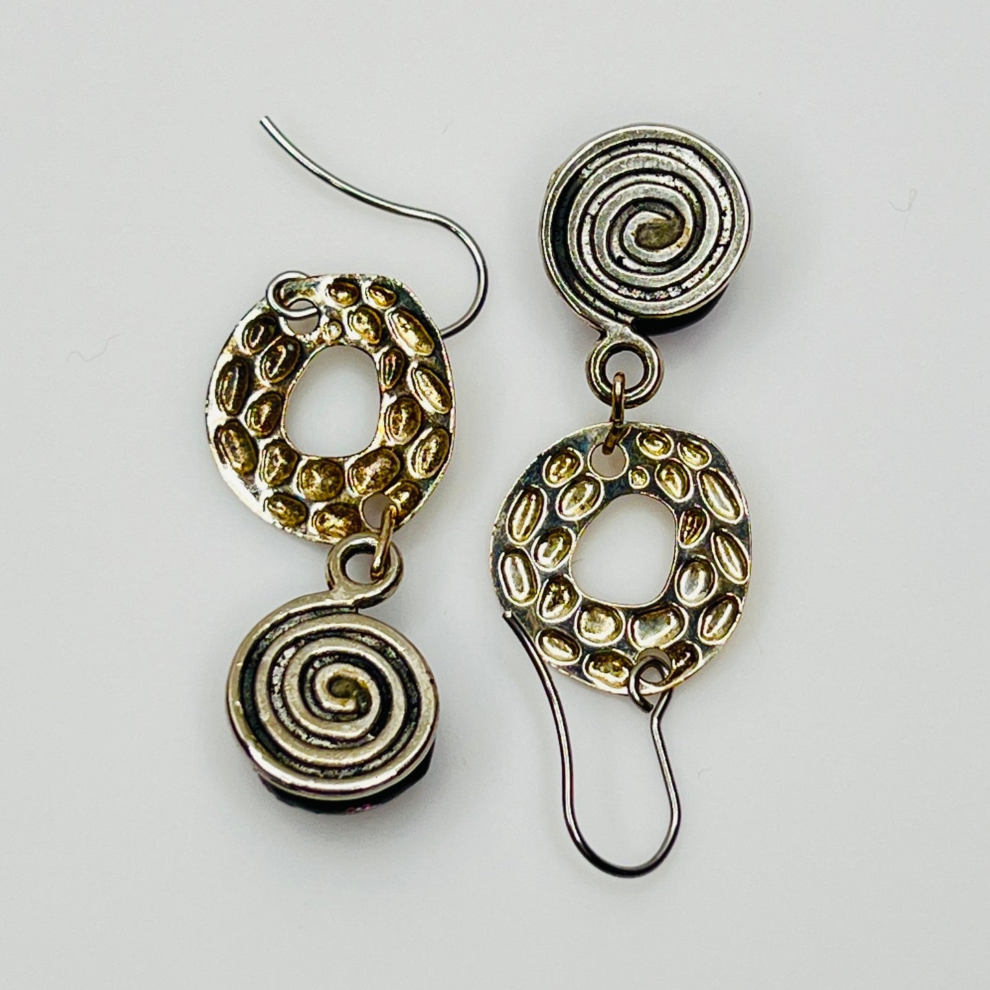Back view showing hook ear wires and textured silver circles