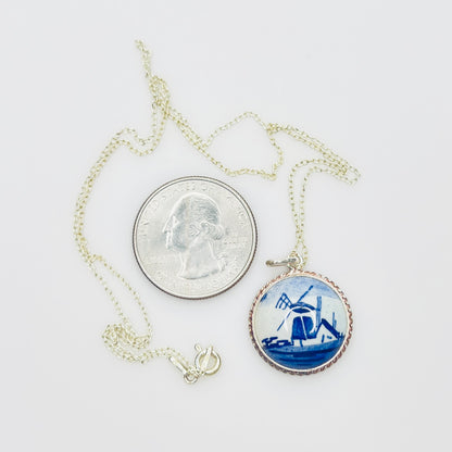 Vintage sterling silver Delft pendant necklace featuring blue Dutch windmill porcelain charm
