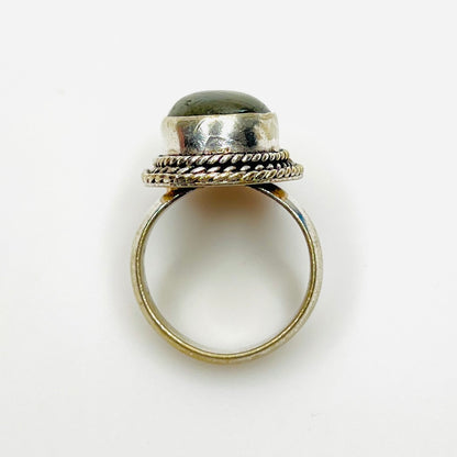 Side profile of vintage sterling silver artisan labradorite ring