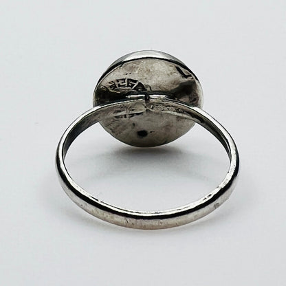 Back view of handcrafted sterling silver mother of pearl ring