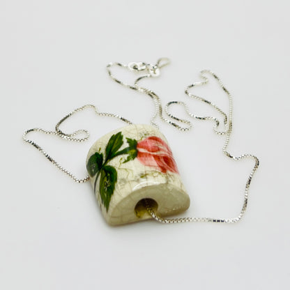 Sterling silver necklace with pink rose ceramic pendant