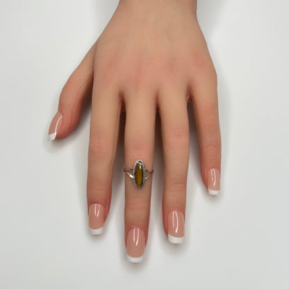 Sterling silver tiger’s eye midi ring worn on hand