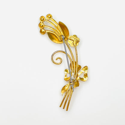 Reverse of 1950s vermeil sterling flower brooch with pin and sterling stamp