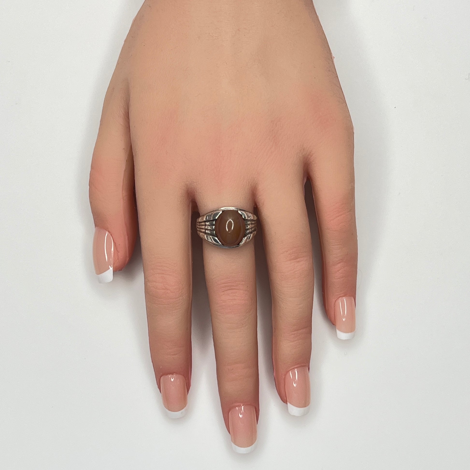 Vintage sterling silver Yemeni carnelian statement ring shown worn on hand model