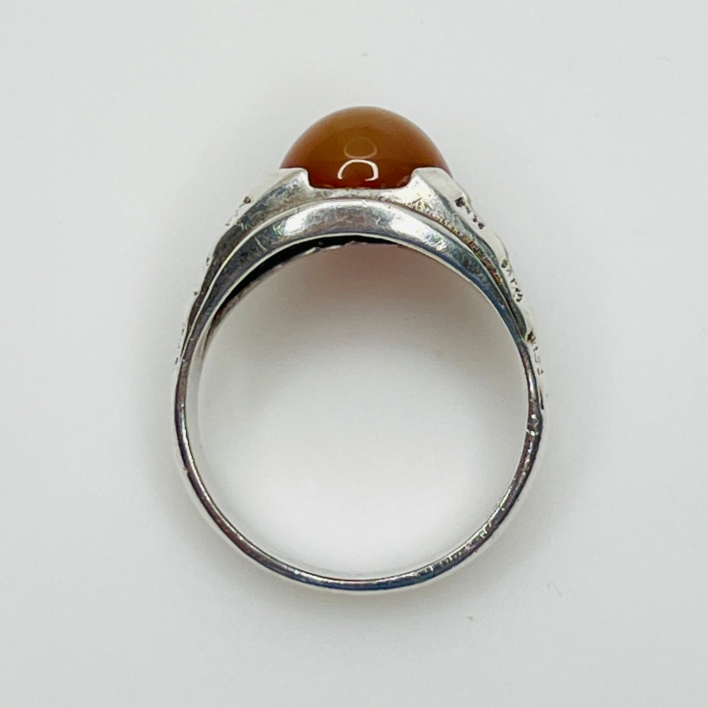 Profile view of vintage sterling silver Yemeni carnelian cabochon ring