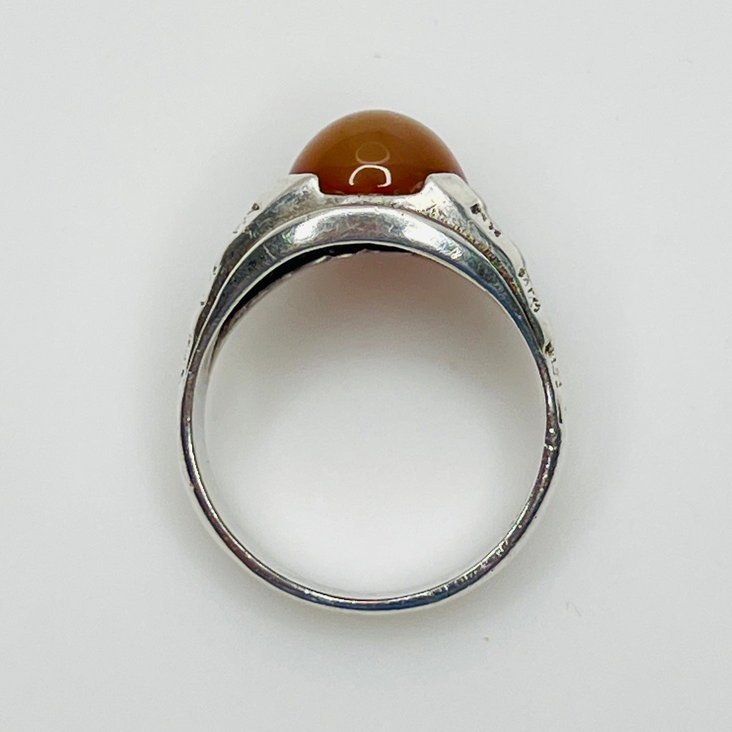Profile view of vintage sterling silver Yemeni carnelian cabochon ring