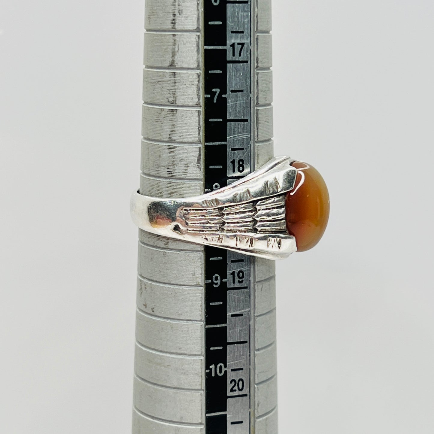Vintage sterling silver Yemeni carnelian ring shown on mandrel, size 8.5