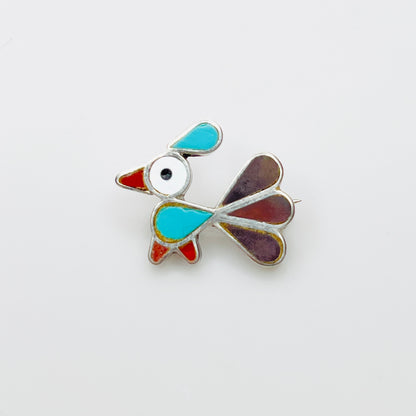 Vintage sterling silver bird brooch pendant with turquoise and mother of pearl inlay, Southwestern style