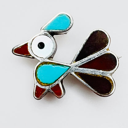 Vintage sterling silver bird brooch pendant with turquoise and mother of pearl inlay, Southwestern style