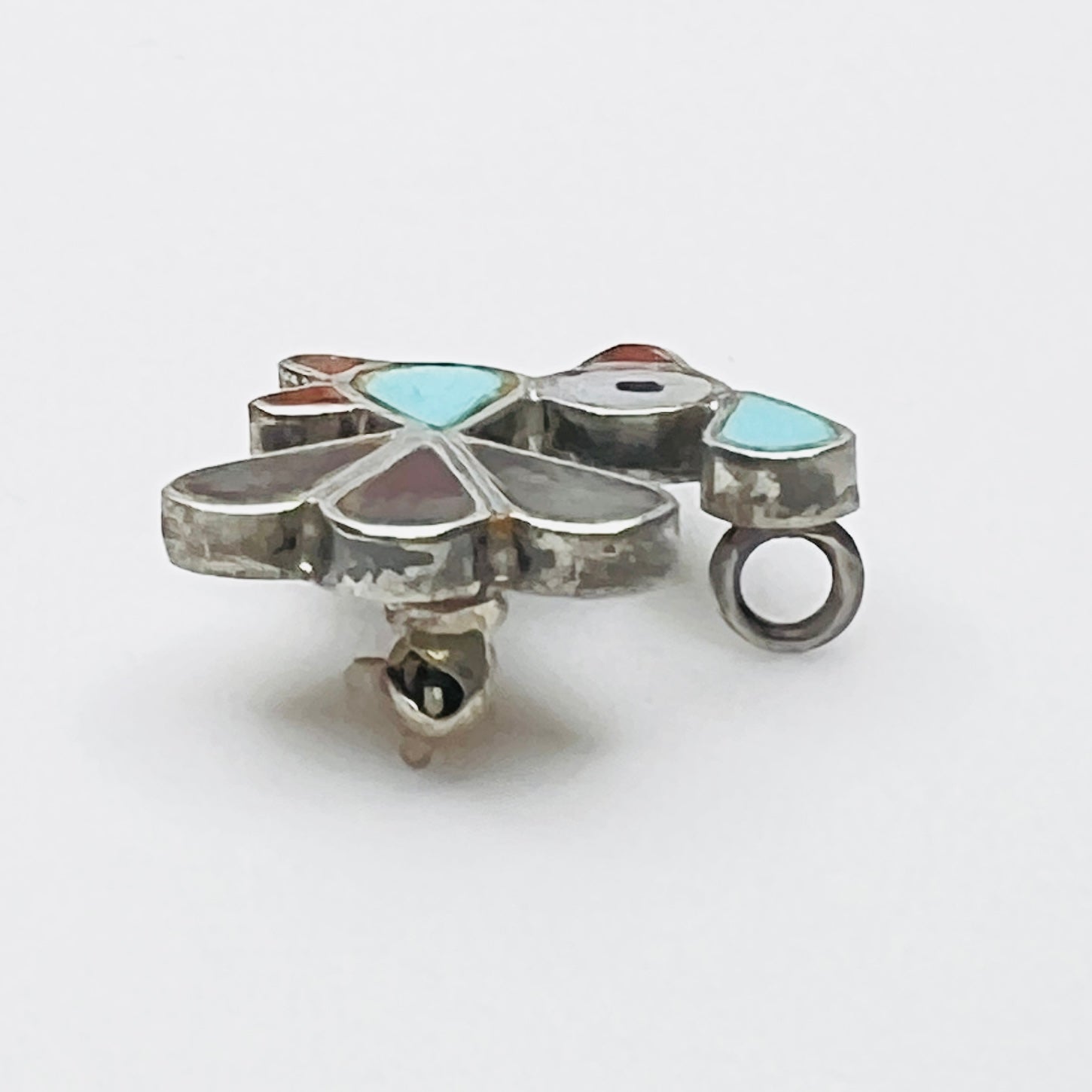 Vintage Southwestern bird brooch pendant with turquoise, mother of pearl and stone inlay details