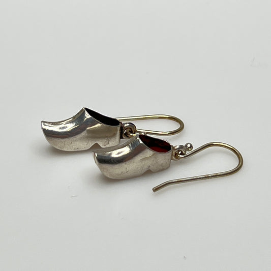 Vintage sterling silver dangle earrings shaped like Dutch clogs with red enamel