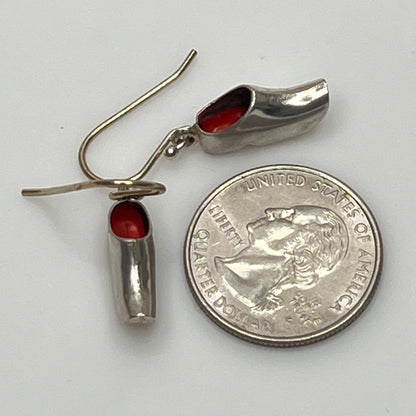 Vintage sterling silver dangle earrings shaped like Dutch clogs with red enamel