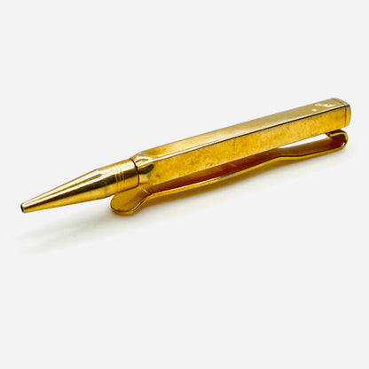 Side view of vintage Swank retractable pencil tie clip showing pencil mechanism