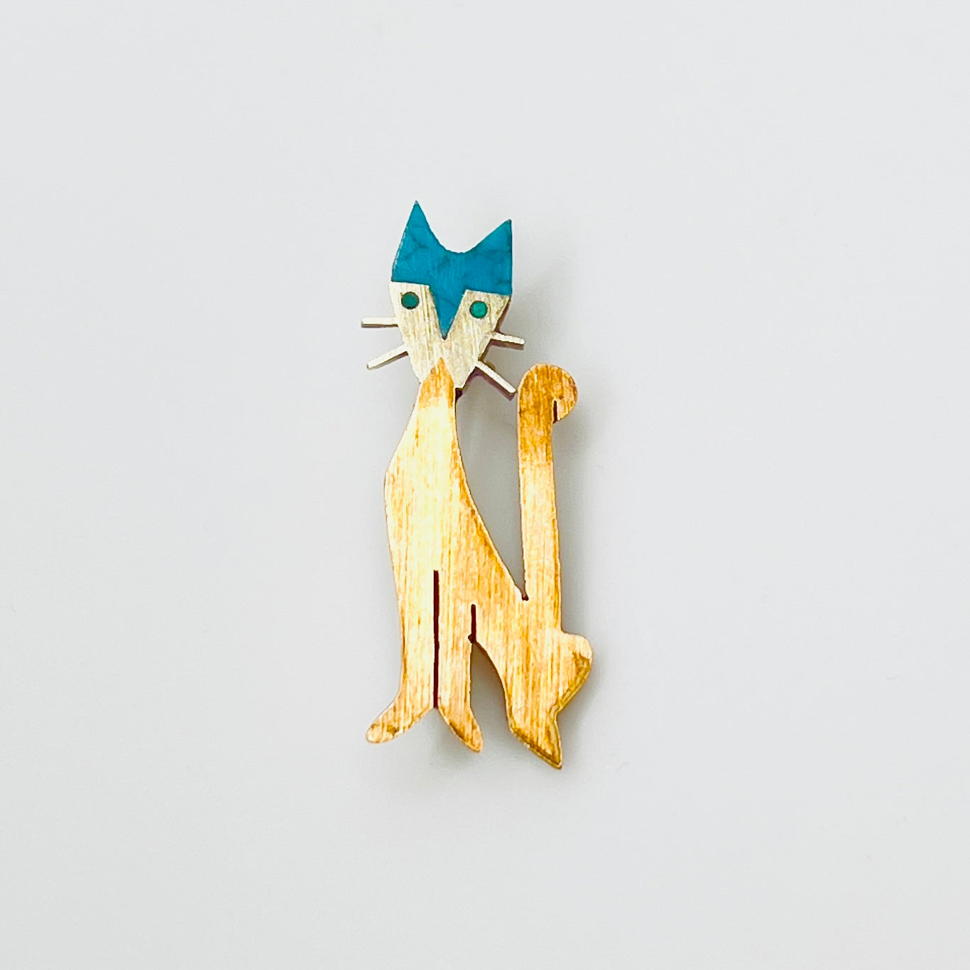 Vintage Mexican mixed metal cat brooch with turquoise accents