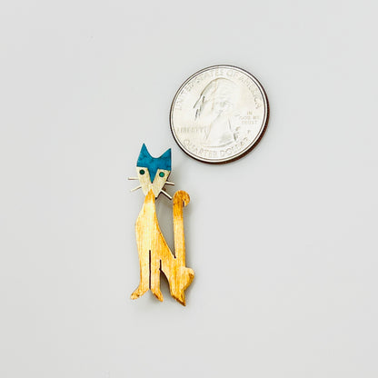 Sterling silver copper turquoise cat brooch with quarter for scale
