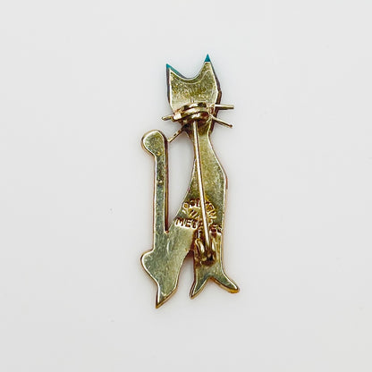 Reverse of Mexican sterling silver cat brooch stamped Metales