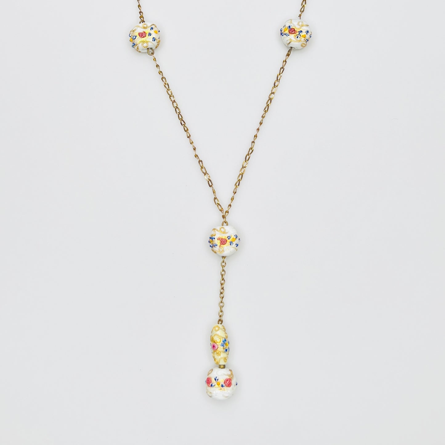 Vintage Venetian glass wedding cake bead Y necklace with floral beads and gold tone chain