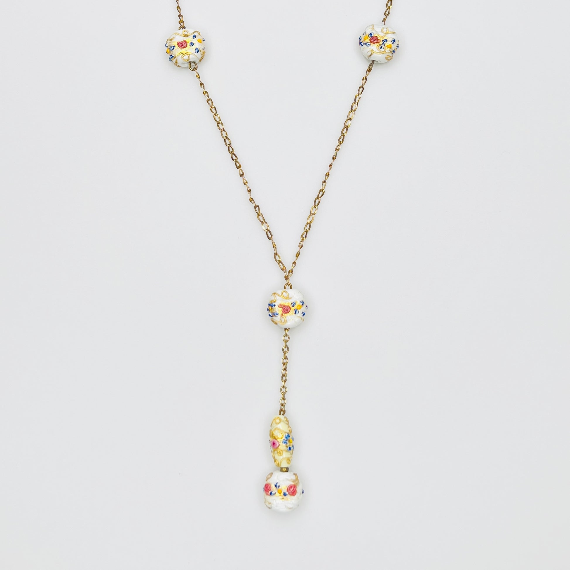 Vintage Venetian glass wedding cake bead Y necklace with floral beads and gold tone chain