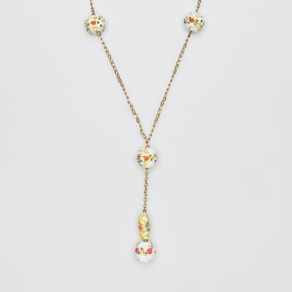Vintage Venetian glass wedding cake bead Y necklace with floral beads and gold tone chain