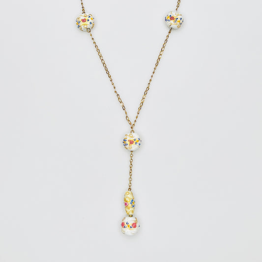 Vintage Venetian glass wedding cake bead Y necklace with floral beads and gold tone chain