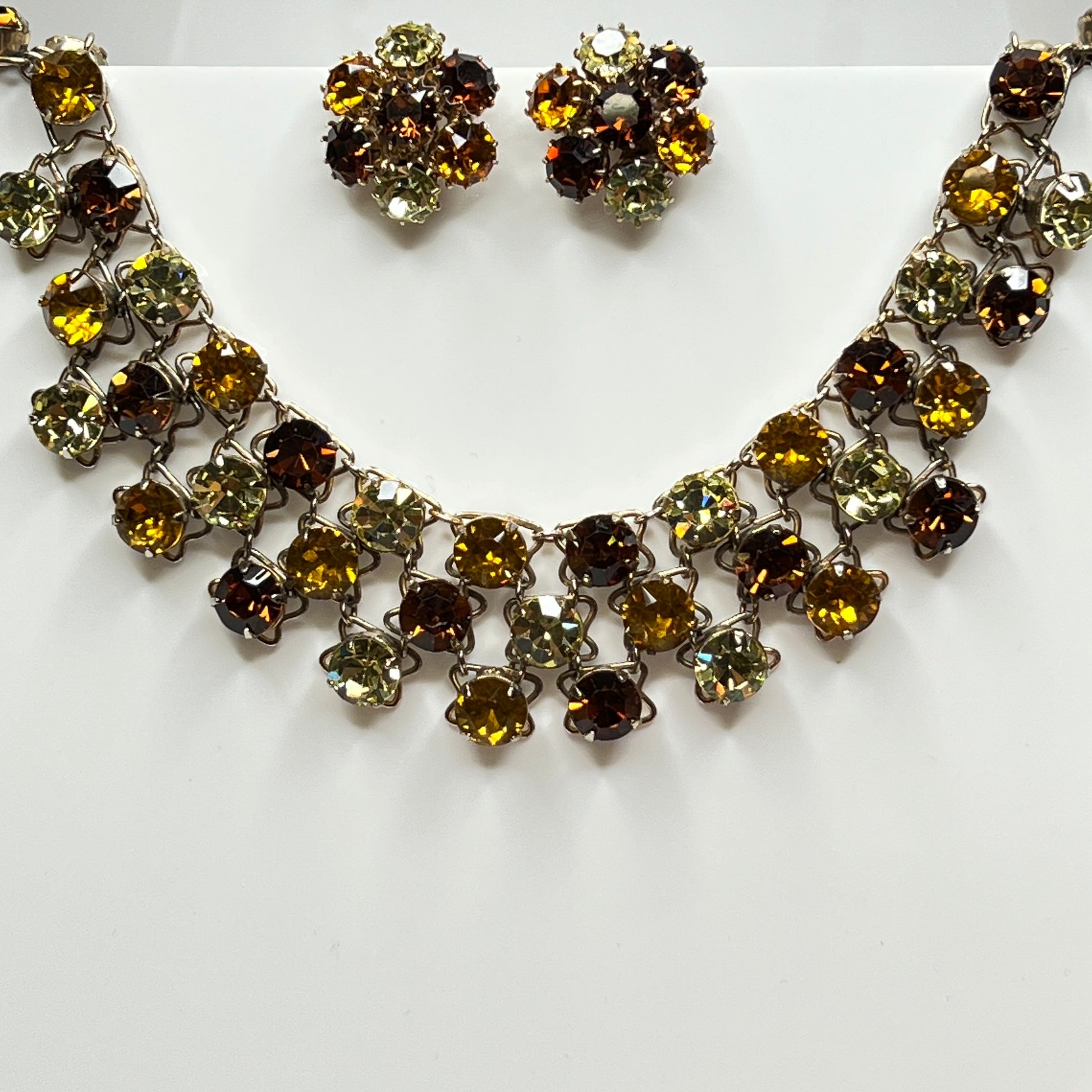 Vintage Vogue necklace and clip-on earring set with warm amber and yellow rhinestones