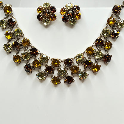 Vintage Vogue necklace and clip-on earring set with warm amber and yellow rhinestones