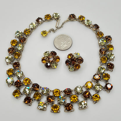 Vintage Vogue necklace and clip-on earring set with warm amber and yellow rhinestones