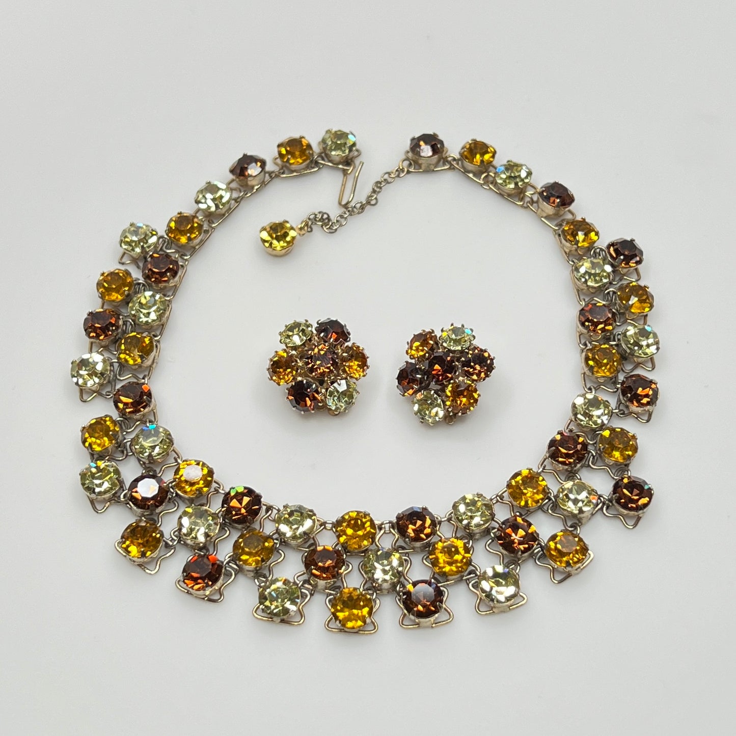 Vintage Vogue necklace and clip-on earring set with warm amber and yellow rhinestones