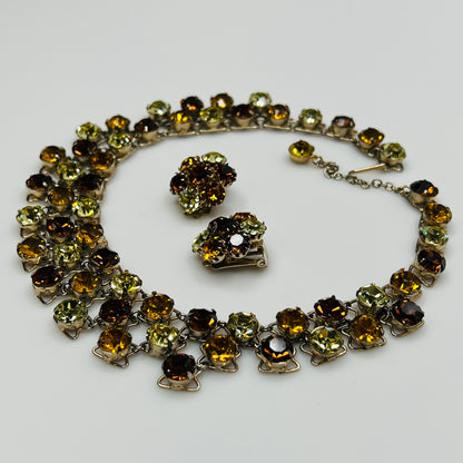 Vintage Vogue necklace and clip-on earring set with warm amber and yellow rhinestones
