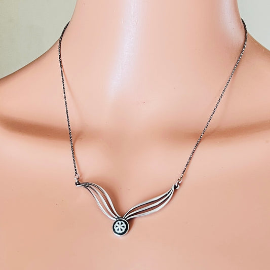 Vintage Wedgwood sterling necklace with sculptural pendant on model