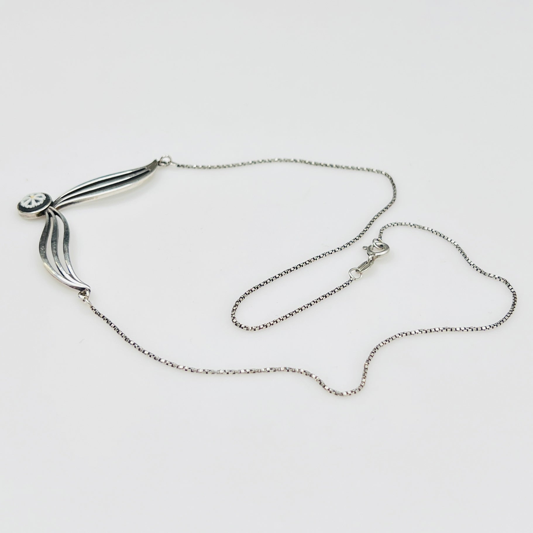 Flat lay of silver Wedgwood pendant necklace with chain