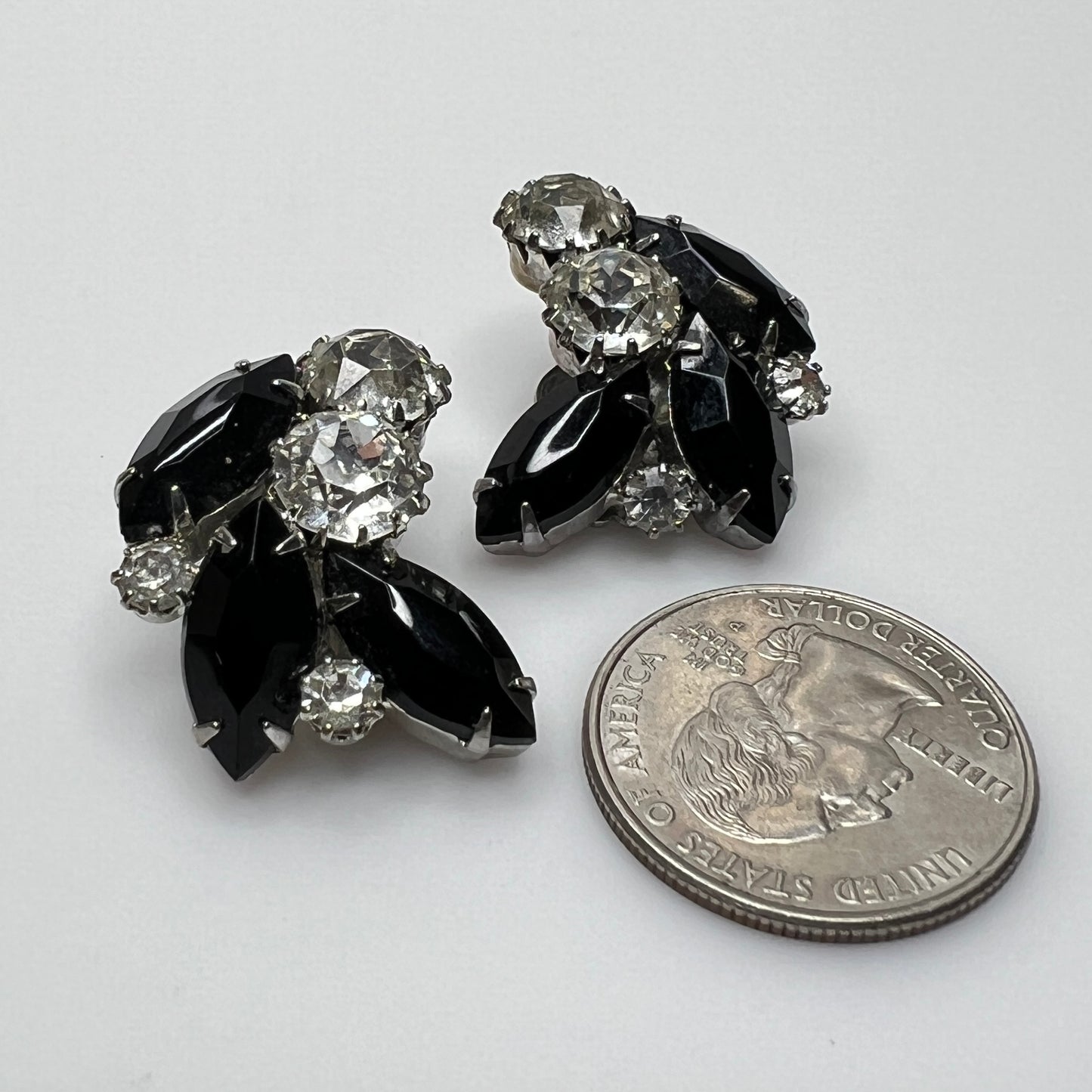 Weiss vintage clip-on earrings with black and clear rhinestones