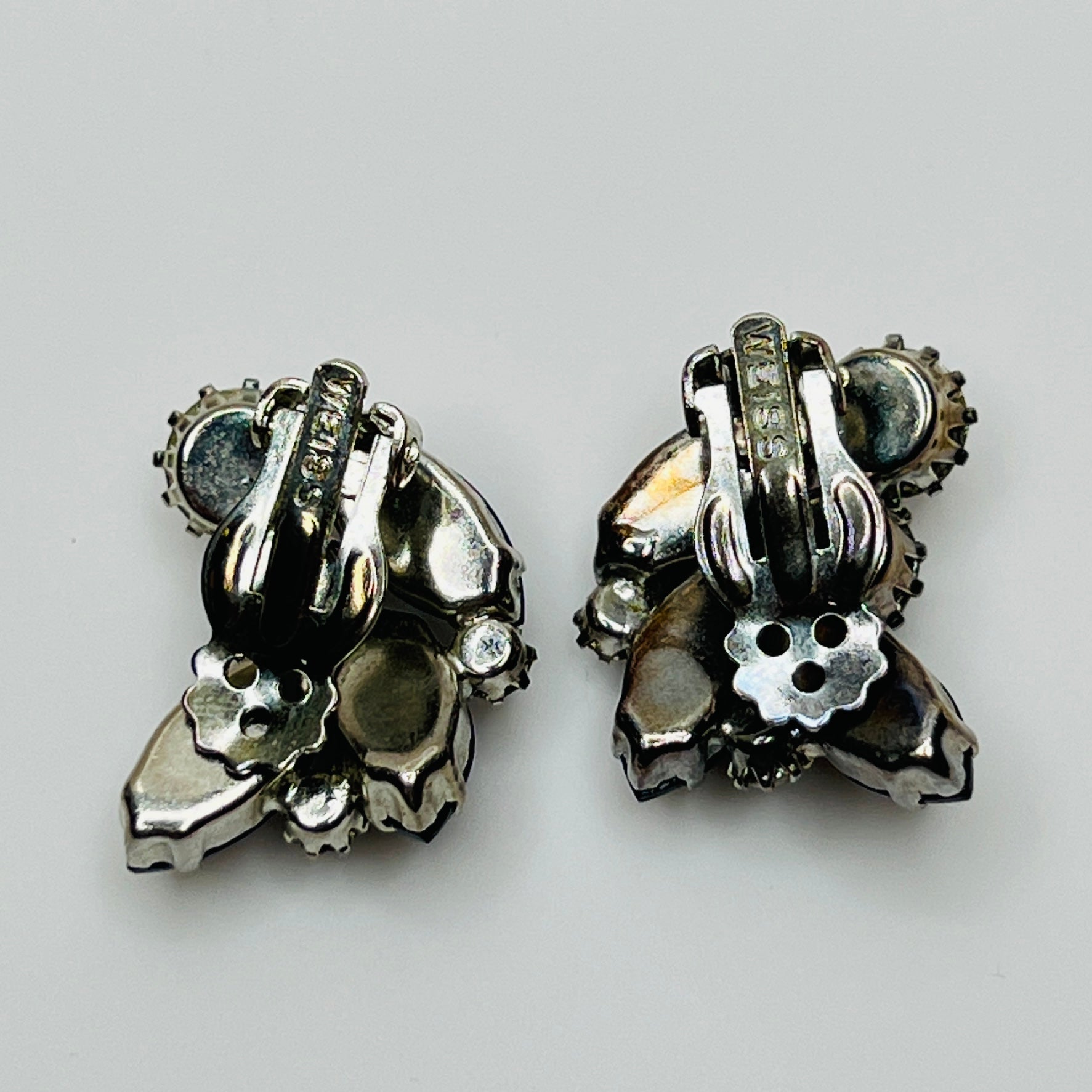 Signed Weiss black navette and clear rhinestone earrings