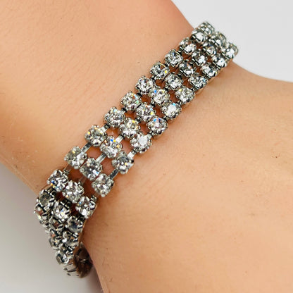 Vintage 1950s Weiss rhinestone bracelet worn on wrist with sparkling clear crystals