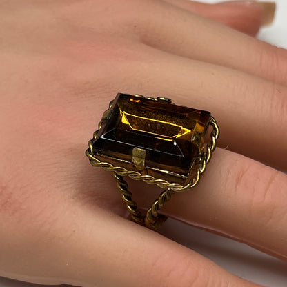 Vintage West Germany amber crystal statement ring with twisted rope frame