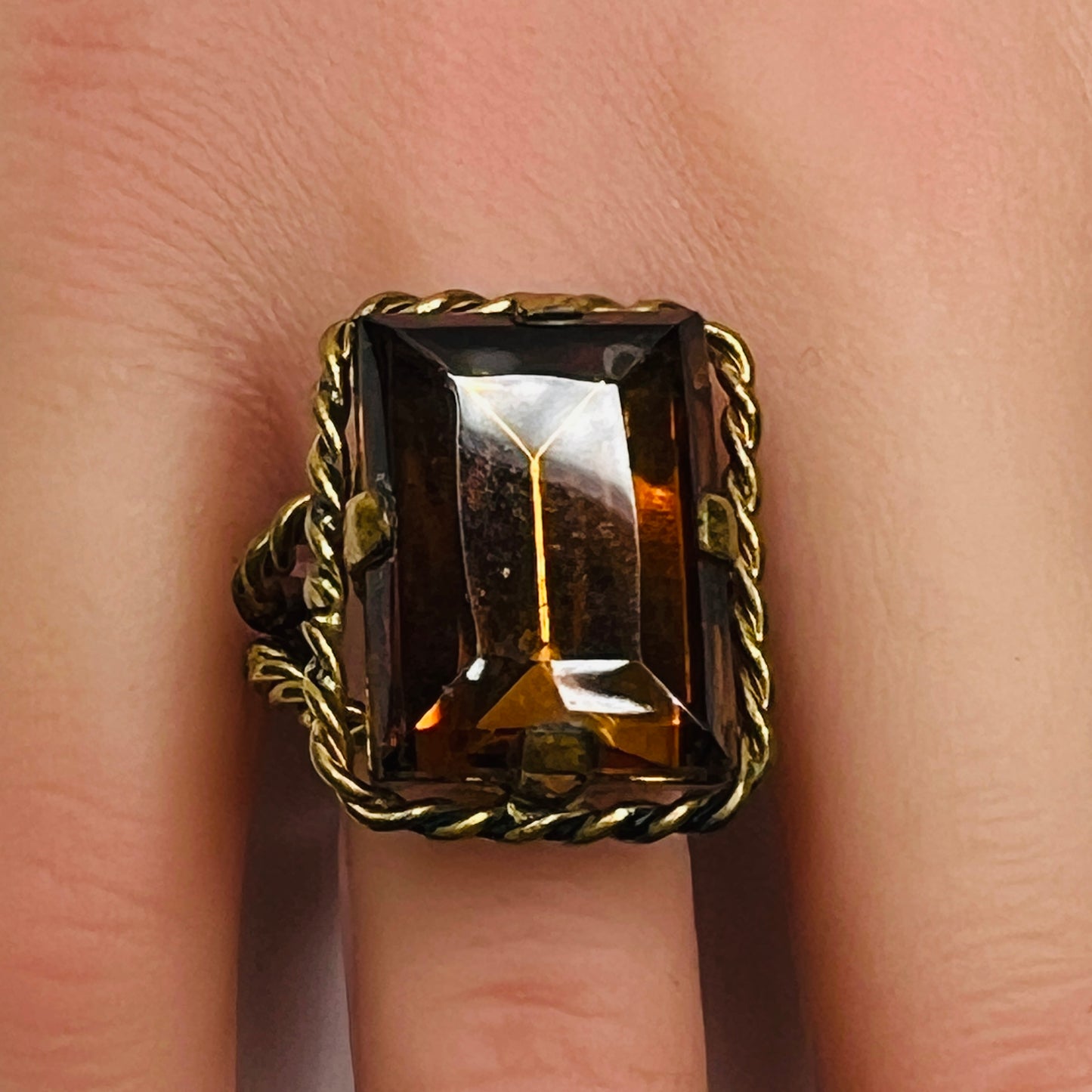 Vintage West Germany amber crystal statement ring with twisted rope frame
